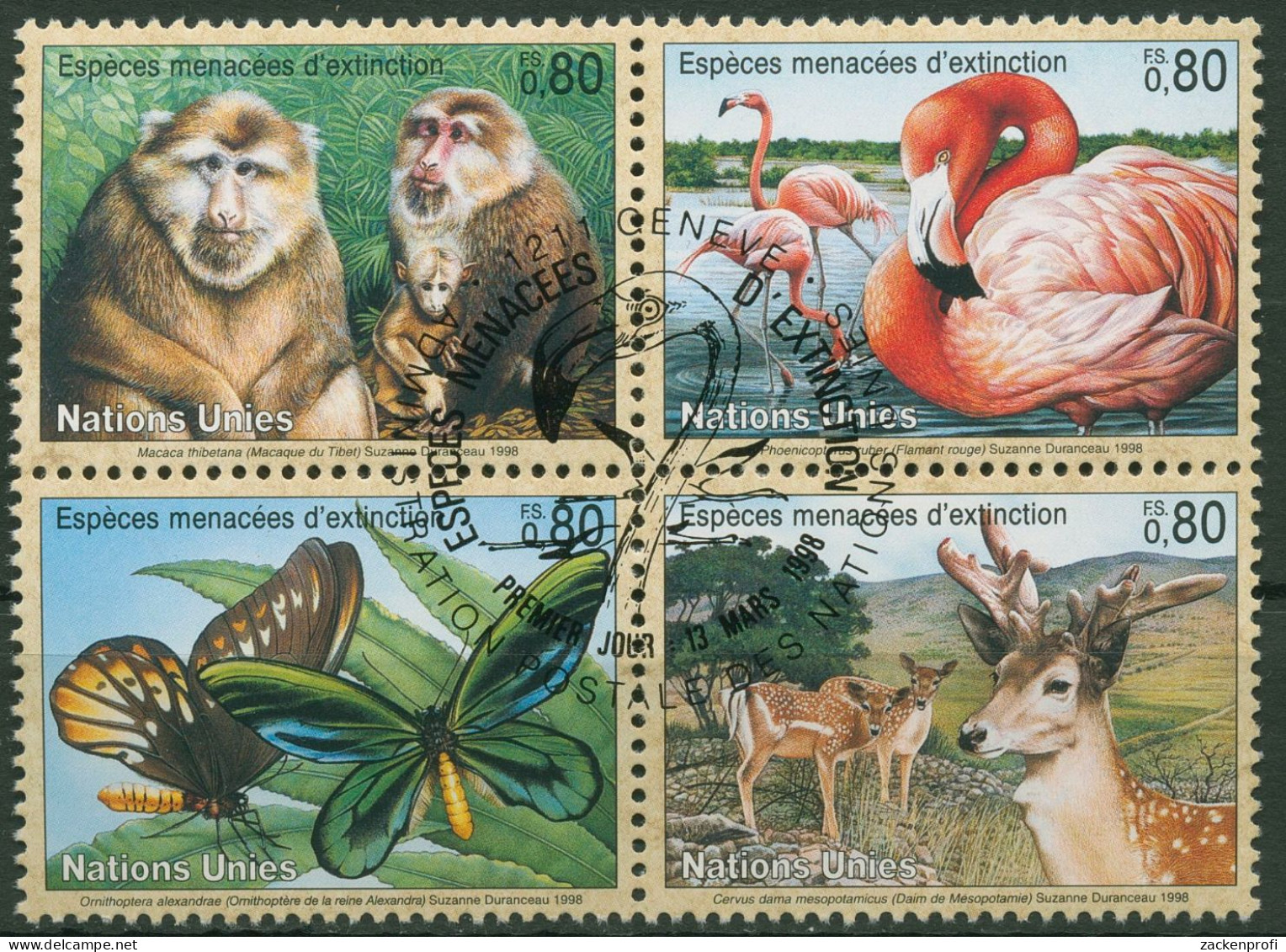 UNO Genf 1998 Gefährdete Tiere Affe Flamingo Falter Hirsch 330/33 ZD Gestempelt - Used Stamps