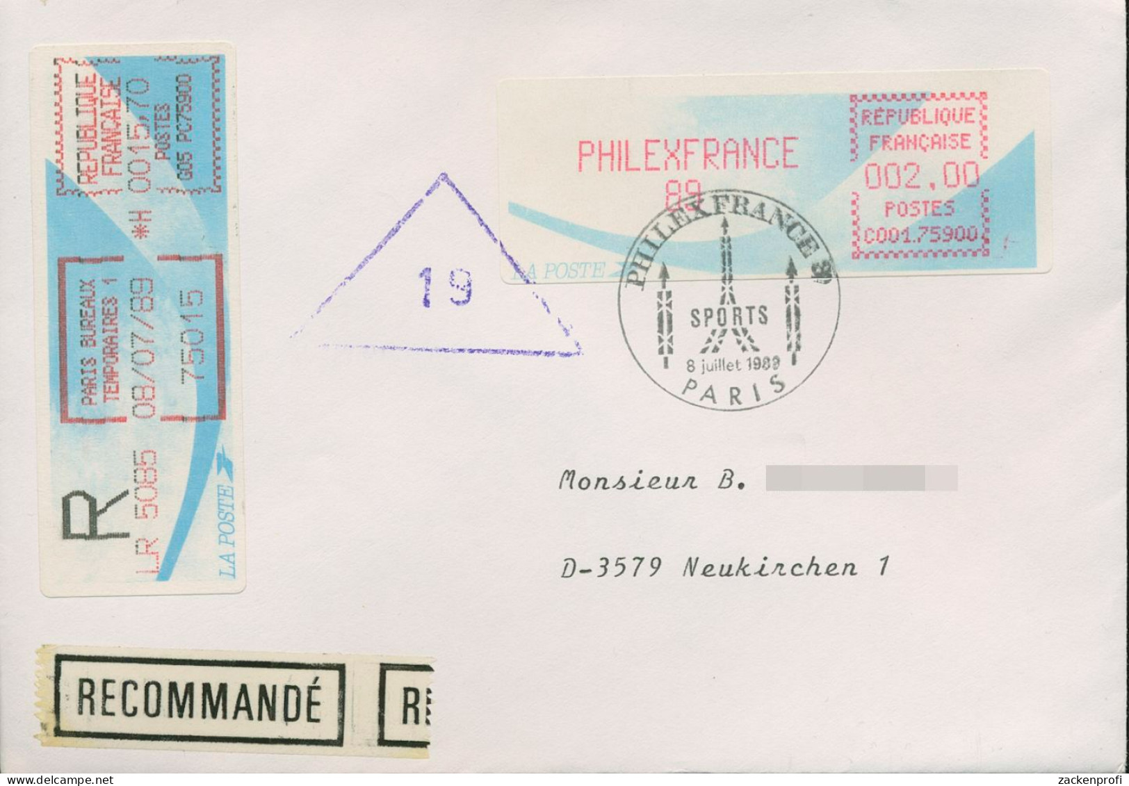 Frankreich ATM 1989 PHILEXFRANCE '89 Auf Einschreiben ATM 10 (X80581) - 1985 Papier « Carrier »