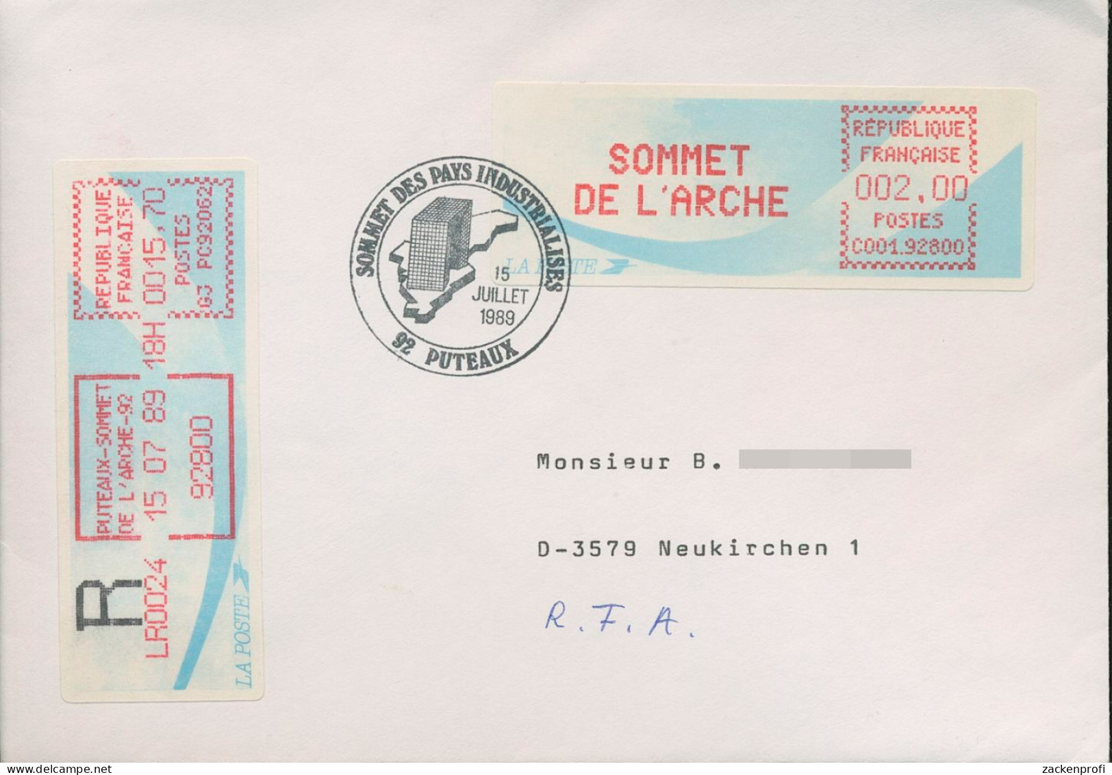 Frankreich ATM 1989 SOMMET DE L'ARCHE Auf Einschreiben ATM III (X80583) - 1985 Papier « Carrier »