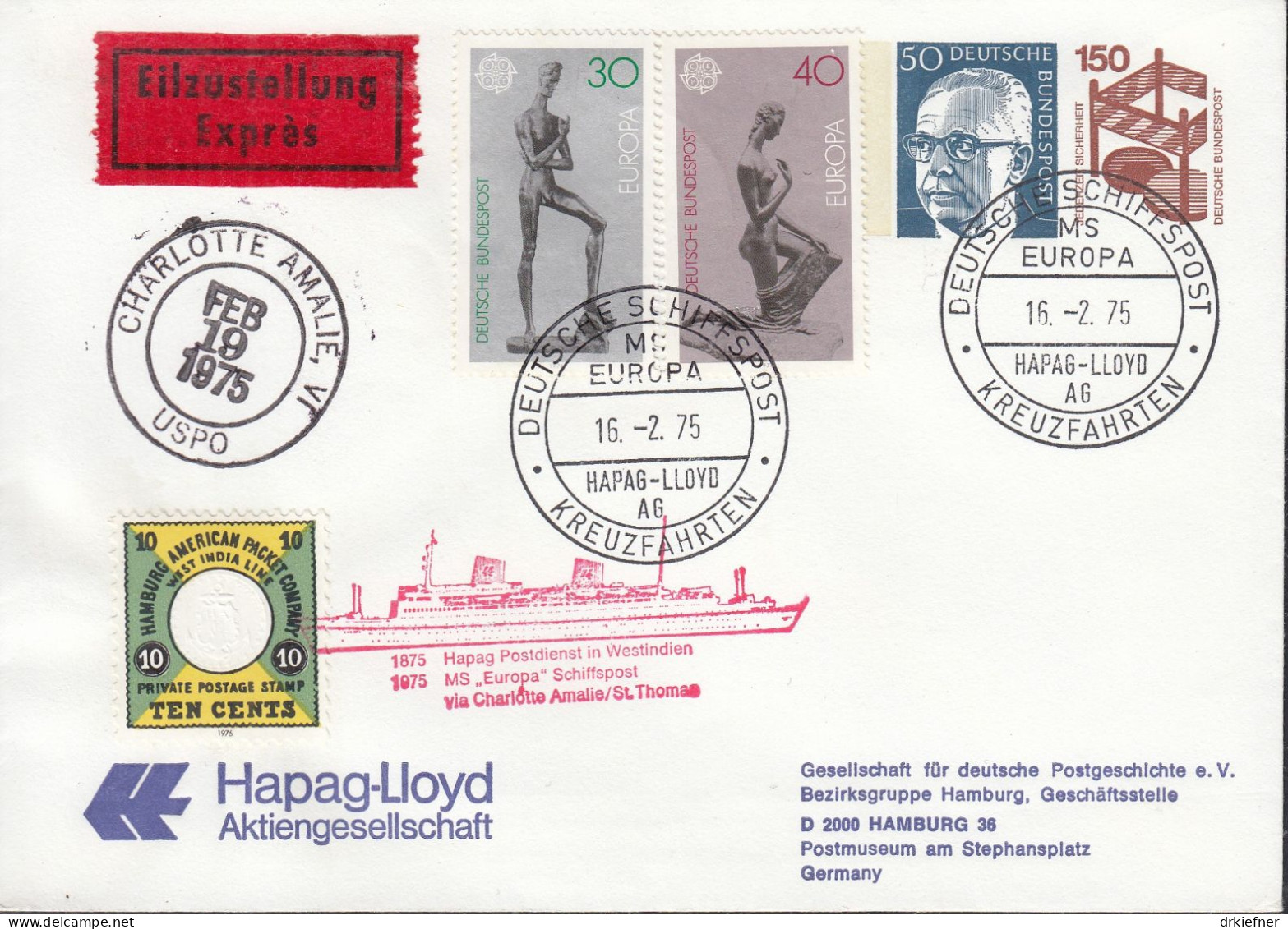 BRD PU 106, Hapag-Lloyd, Mit SST: Dt. Schiffspost MS "Europa" Kreuzfahrten 16.2.1975 - Private Covers - Used