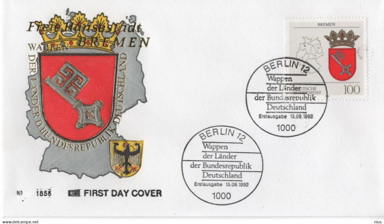 Germany Deutschland 1992 FDC Freie Und Hansestadt, Wappen Der Lander, Bremen, Canceled In Berlin - 1991-2000