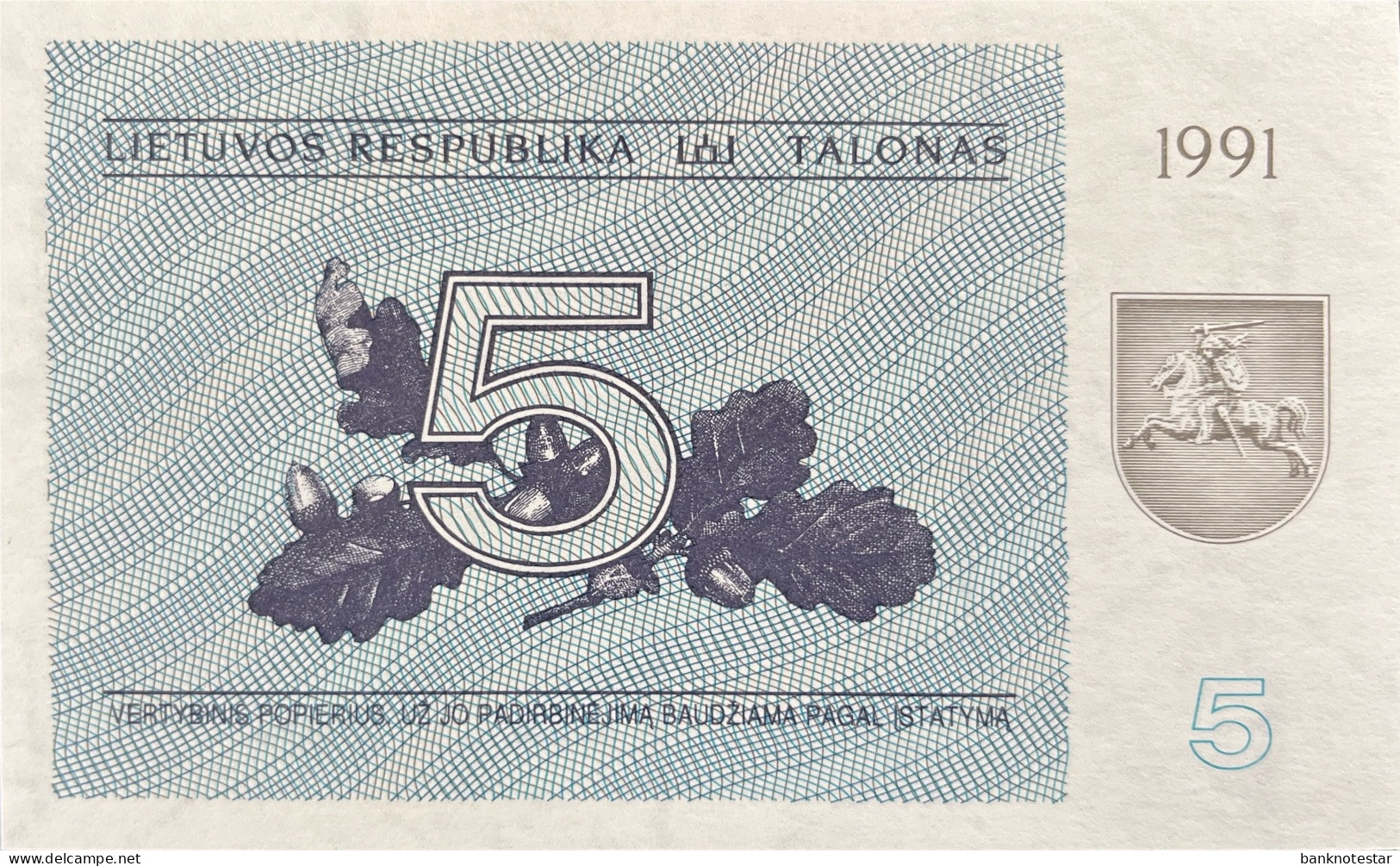 Lithuania 5 Talonas, P-34b (1991) - UNC - Lituanie