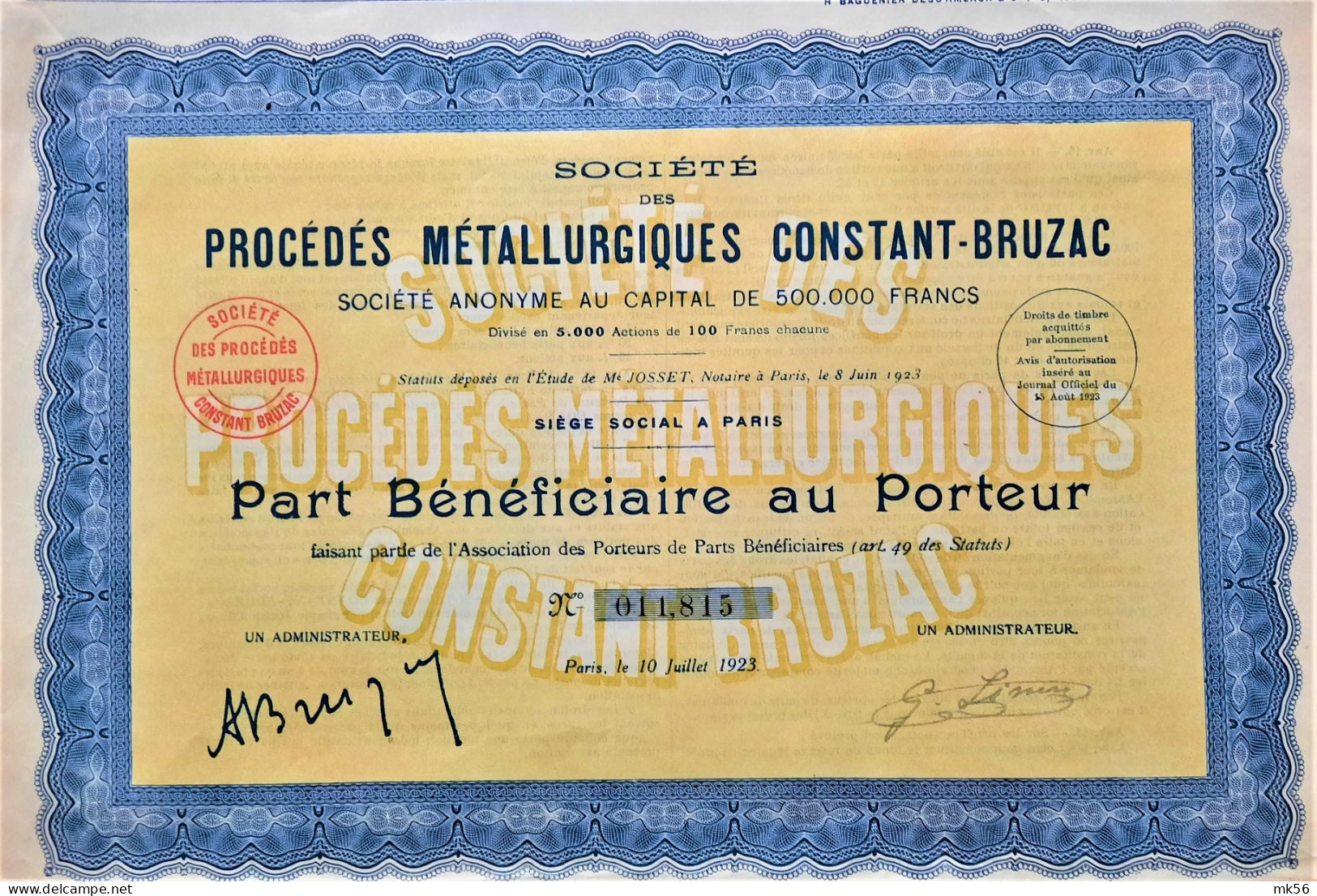 Société Des Procédés Métallurgiques Constant-bruzac (1923) - Paris - Chemin De Fer & Tramway