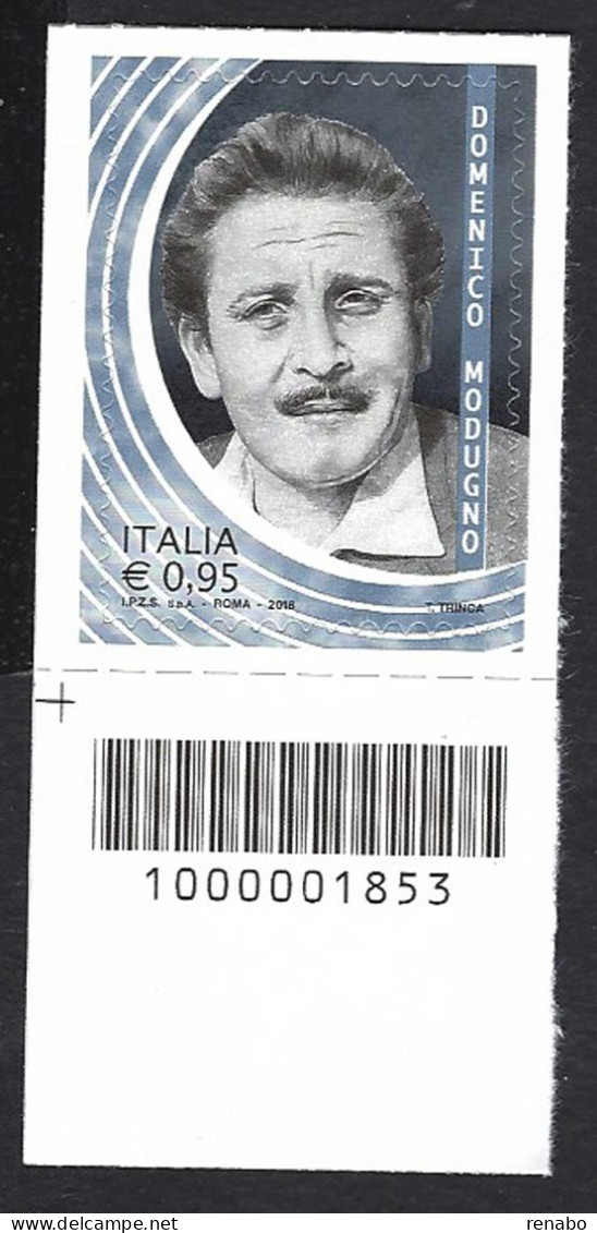 Italia 2018; Domenico Modugno (1928-1994), Eccellenza Italiana Dello Spettacolo: Francobollo A Barre - Bar-code