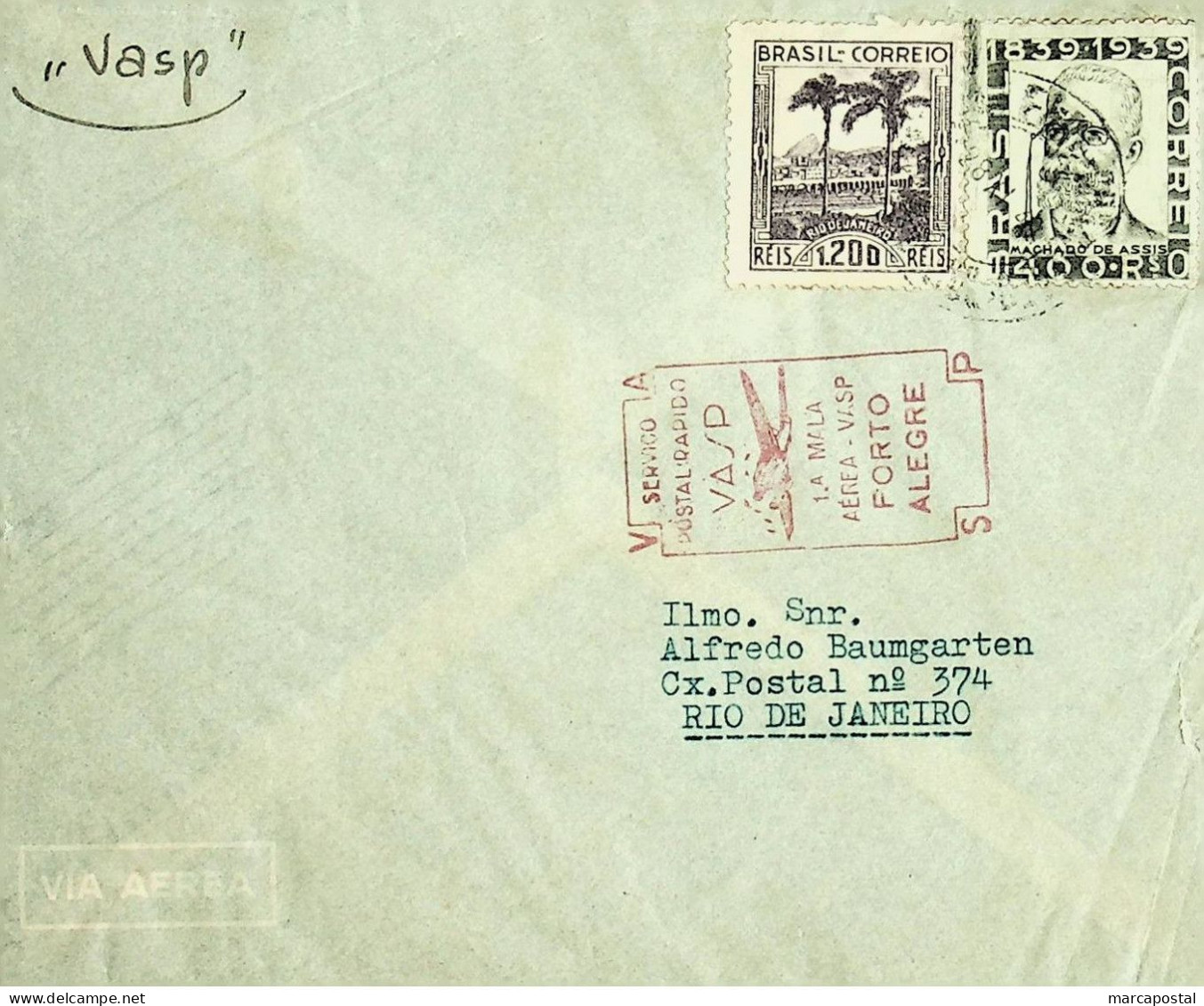 1940 Brasil / Brazil VASP 1.º Voo Postal / First Postal Flight Porto Alegre - Poste Aérienne