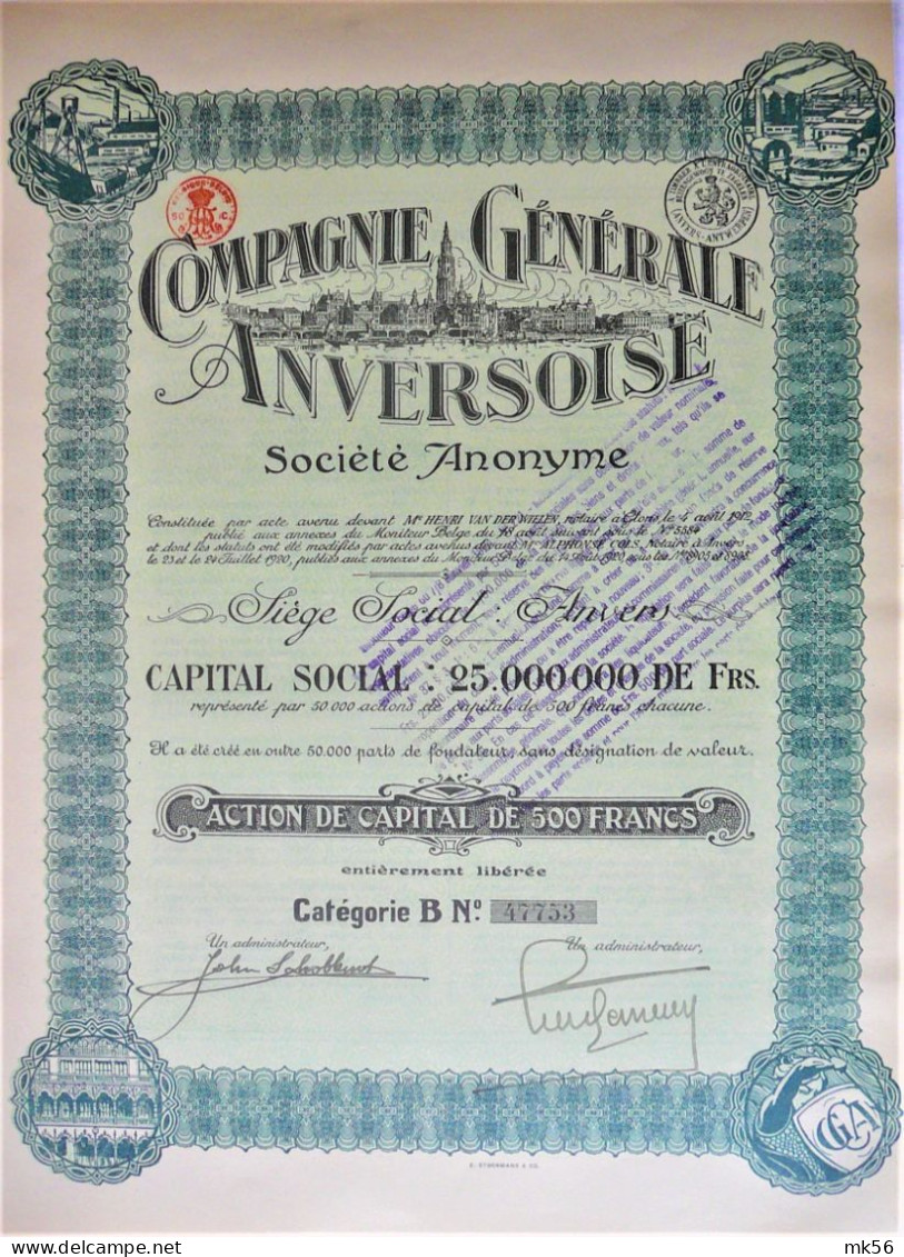 S.A.Cie Générale Anversoise - Action De Capital De 500 Fr (1912) - Navigazione