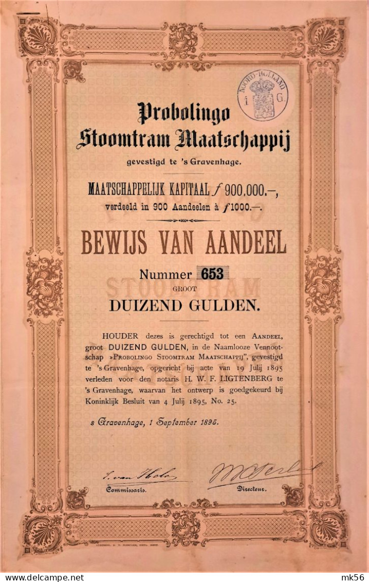 Probolingo Stoomtram Maatschappij (1895) - Bewijs Van Aandeel - 1000 Gulden 'sGravenhage - Chemin De Fer & Tramway