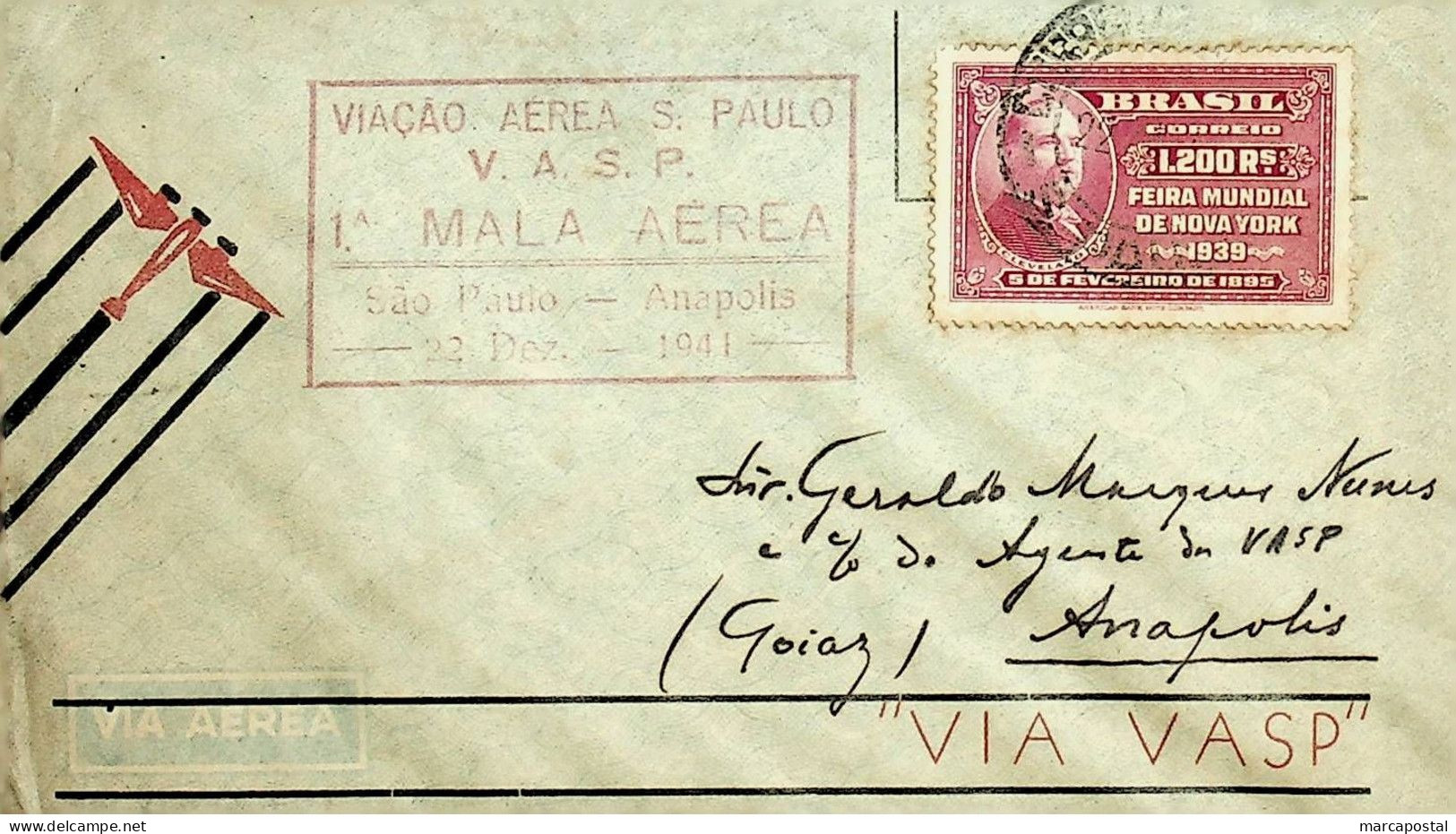 1941 Brasil / Brazil VASP 1.º Voo Postal / First Postal Flight São Paulo - Anapolis - Aéreo