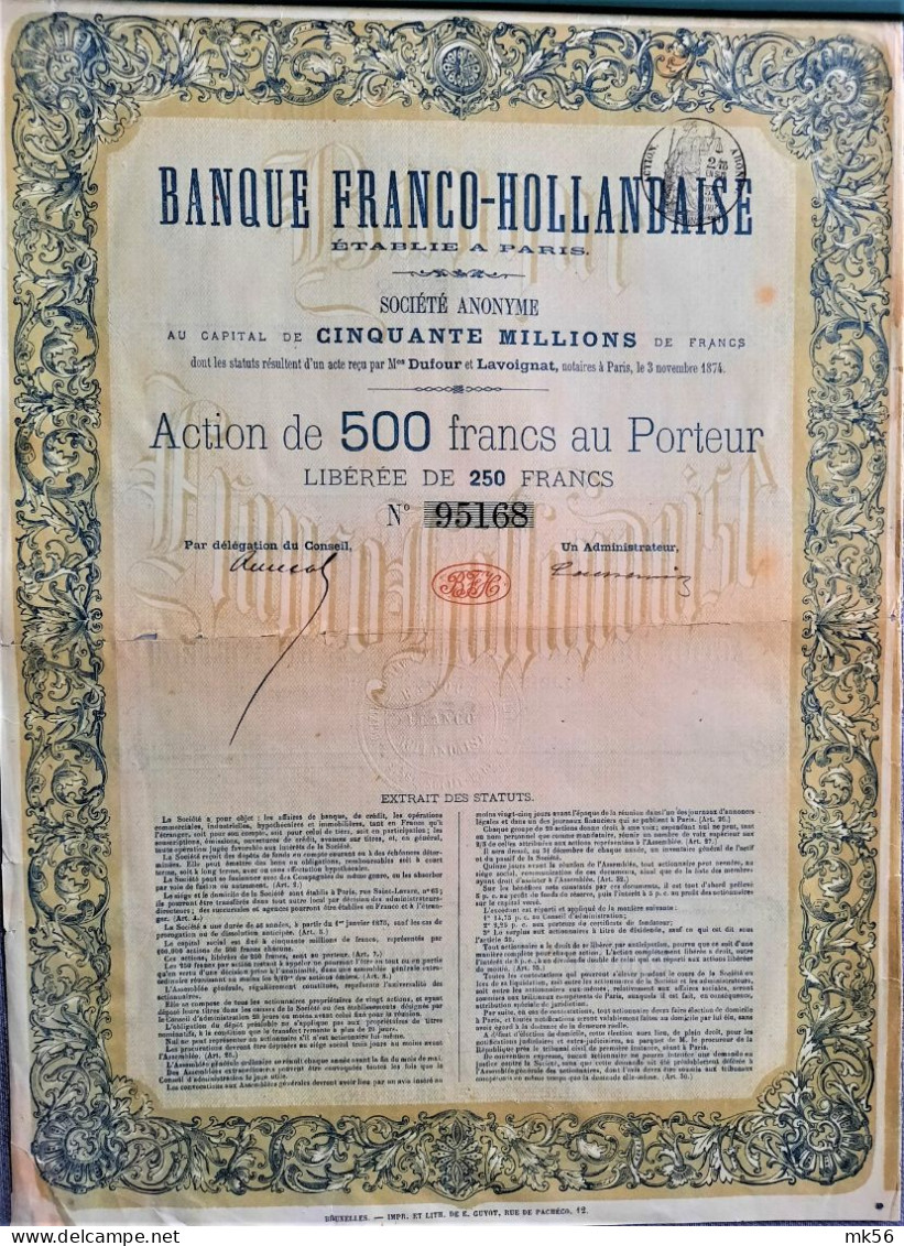 Banque-Franco-Hollandaise - Action De 500 Francs Au Porteur - 1874 !! - Banque & Assurance