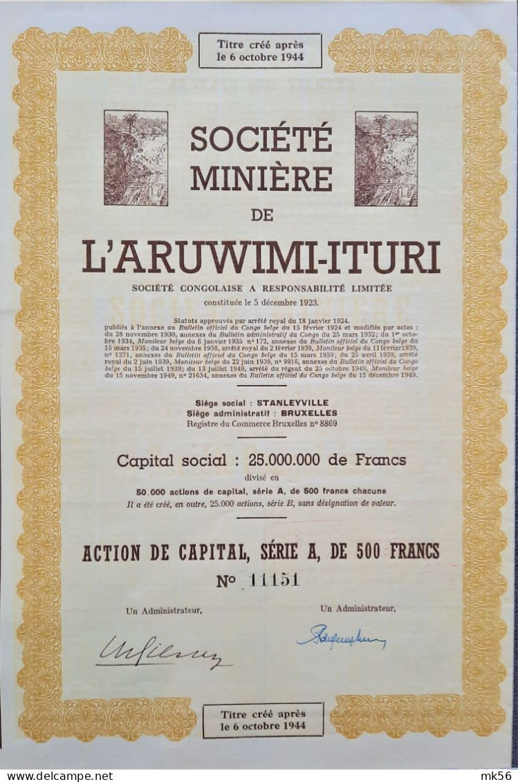 Société Minière De L'Aruwimi-Ituri - Stanleyville - Action De Capital -1949 - Afrique