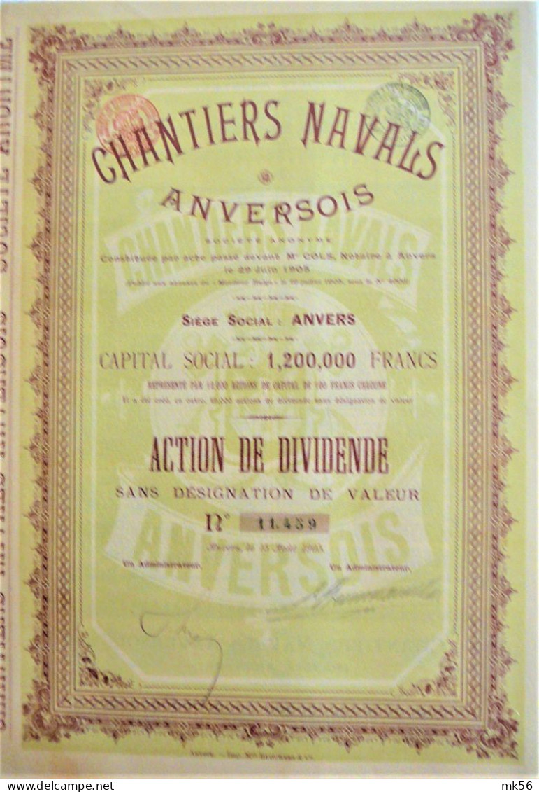 S.A. Chantiers Naval Anversois - Action De Dividende - 1905 - Navigation