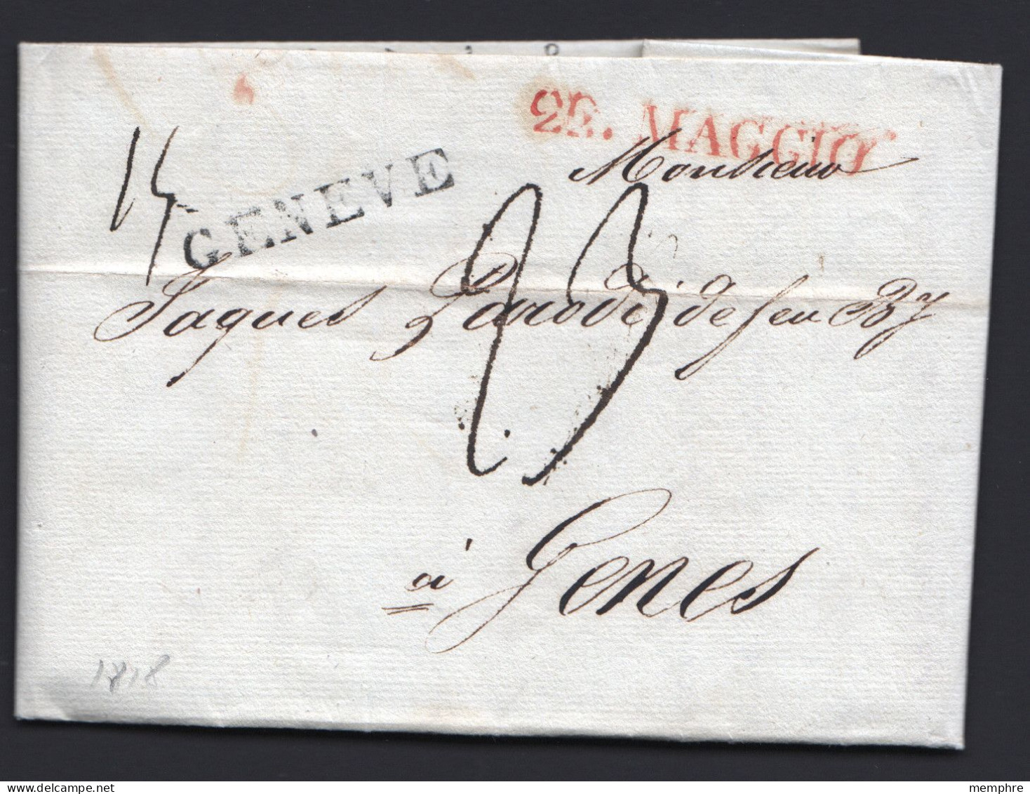 1818 Lettre De Genève Pour Gènes  Marque Genève 34 X 5 Mm - ...-1845 Prephilately