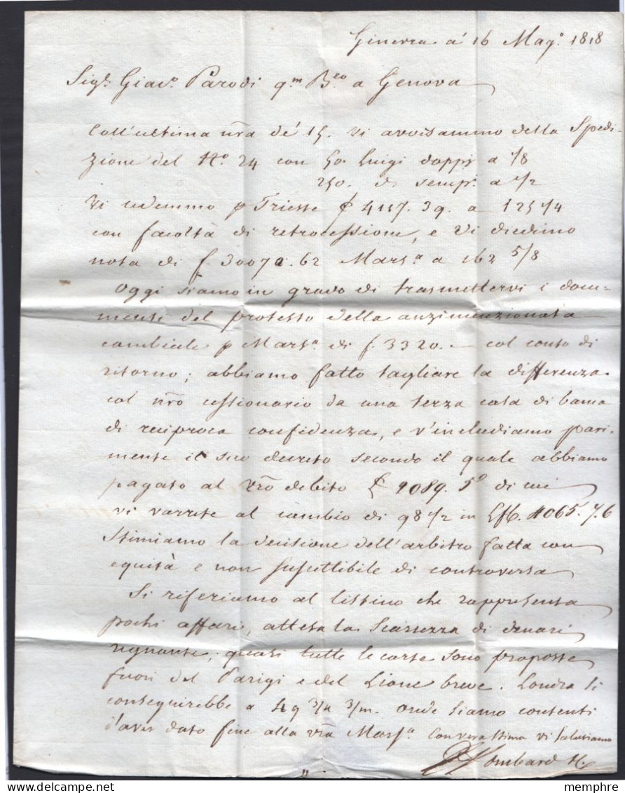 1818 Lettre De Genève Pour Gènes  Marque Genève 34 X 5 Mm - ...-1845 Voorlopers