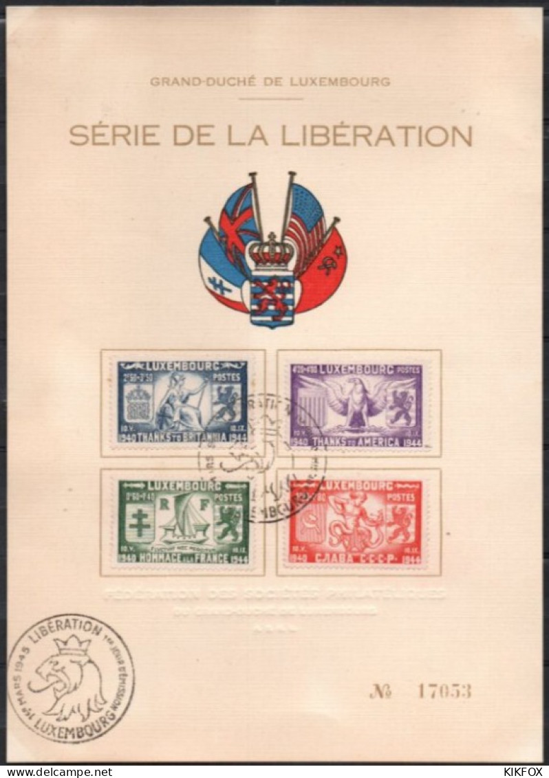 Luxembourg, Luxemburg,  1945, MI 343 - 346, YT 356 - 359, SERIE DE LA LIBERATION, Special Card , SONDERSTEMPEL - Briefe U. Dokumente