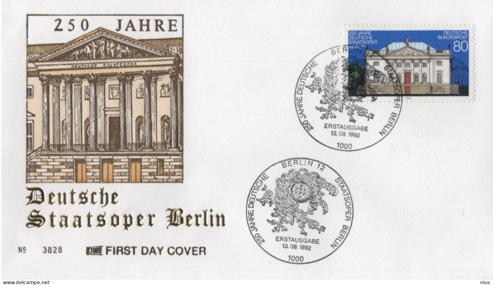 Germany Deutschland 1992 FDC 250 Jahre Deutsche Staatsoper, Music Musik Opera, Canceled In Berlin - 1991-2000