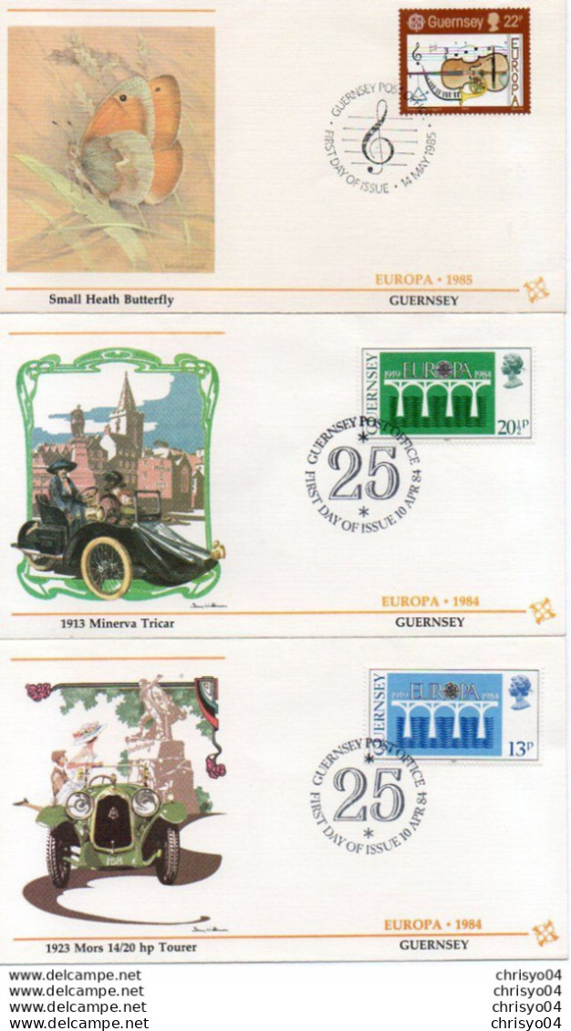 2V11Mo   Lot De 3 Enveloppes Guernsey 1984 Automobile Mors Tourer Et Minerva Tricar 1985 Butterfly - 1981-1990 Em. Décimales