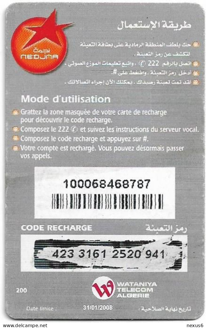 Algeria - Nedjma - La Carte Nedjma, Mouth, Exp.31.01.2008, GSM Refill 200DA, Used - Argelia
