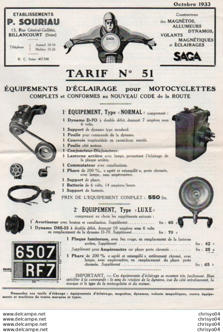 3V7z     Tarif équipements éclairage Magnétos Dynamos Saga Cyclecars Tacot Moto P. Sourian à Billancourt  1933 - Moto