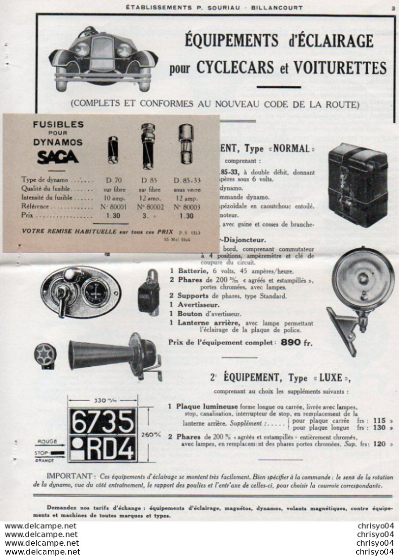 3V7z     Tarif équipements éclairage Magnétos Dynamos Saga Cyclecars Tacot Moto P. Sourian à Billancourt  1933 - Moto