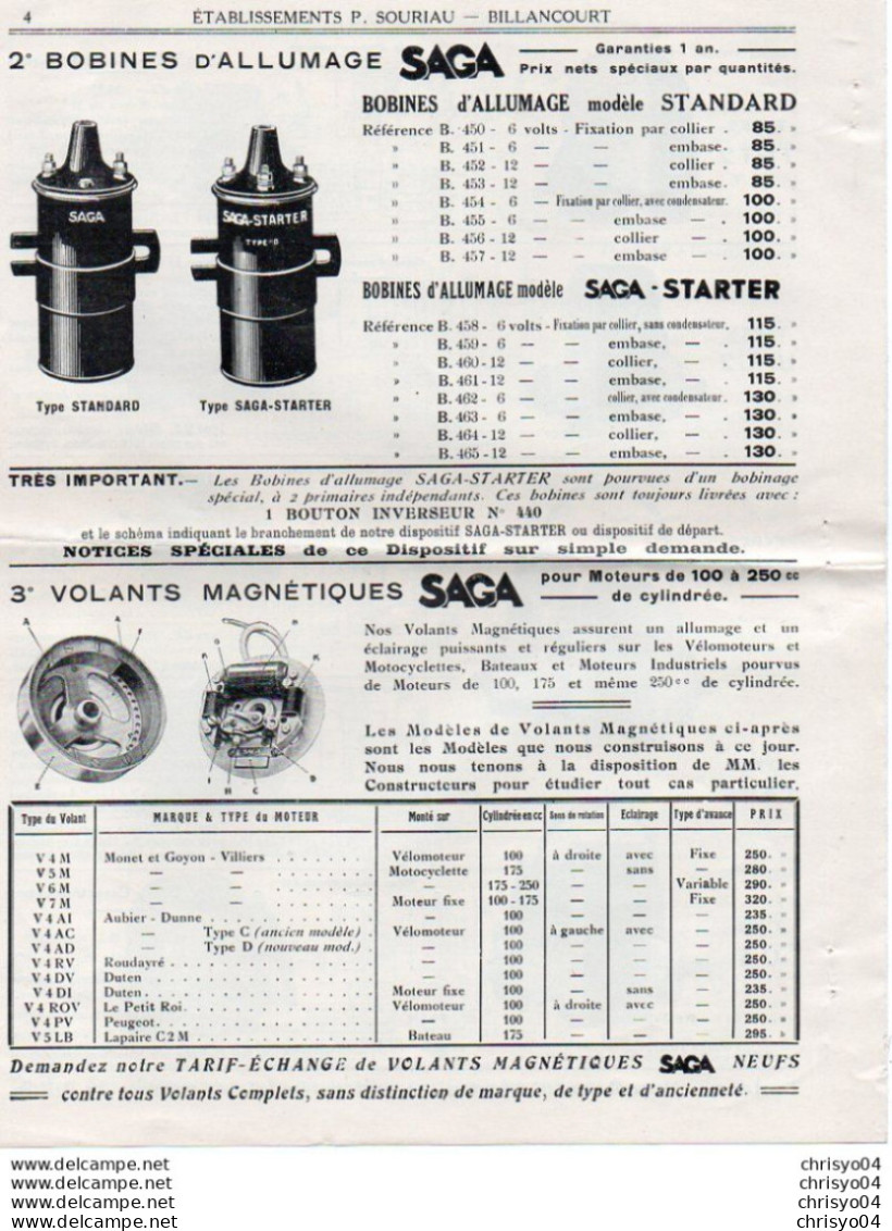 3V7z     Tarif Volants Magnétiques Bobines Allumage Saga Mobylettes Tacot Moto P. Sourian à Billancourt - Motorräder