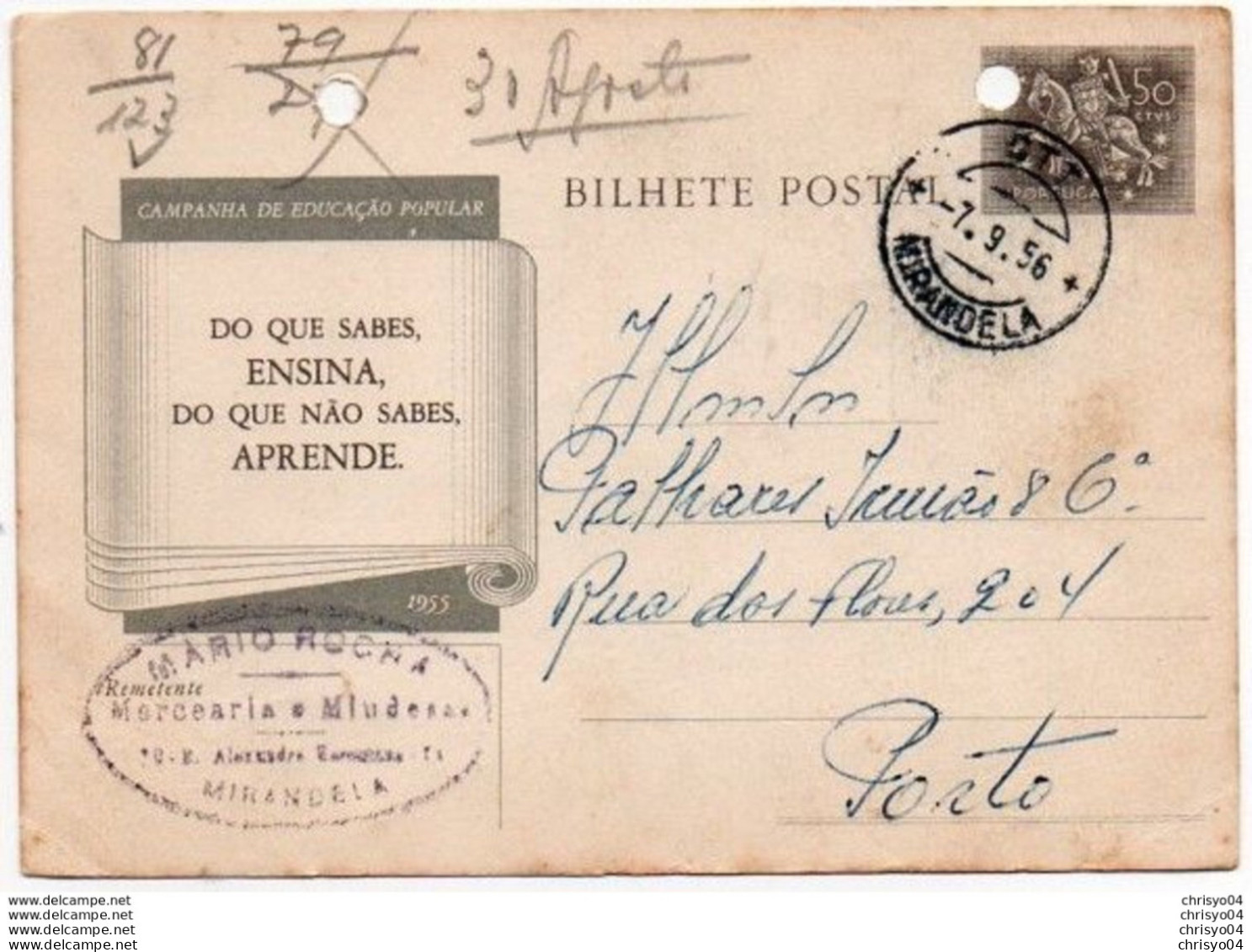 V48Pt    Portugal Bilhete Postal Campanha Educaçao Popular 1955 Mirandela Mario Rocha Mercearia - Bragança