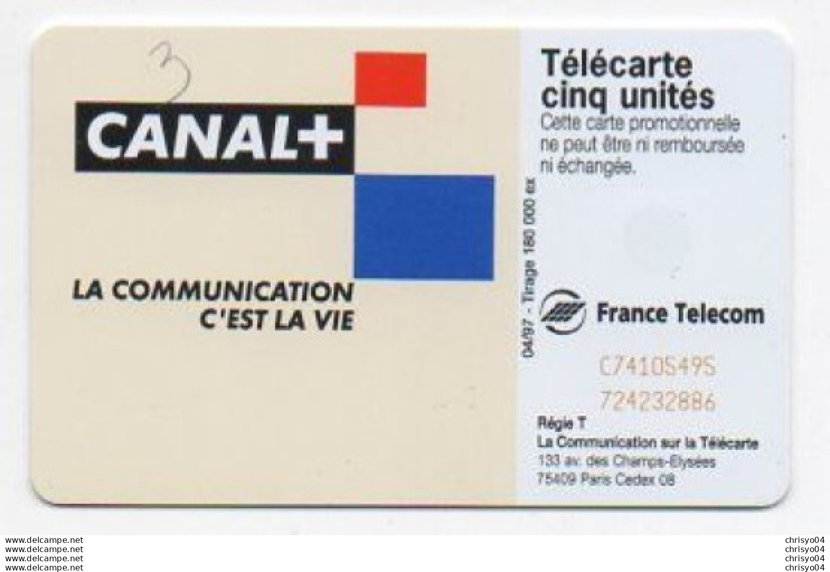 3V9Lbr  Télécarte Canal Plus 1997 Tirage 180 000 Ex. En TBE Dos Inversé Par Rapport Au Visuel - 5 Eenheden