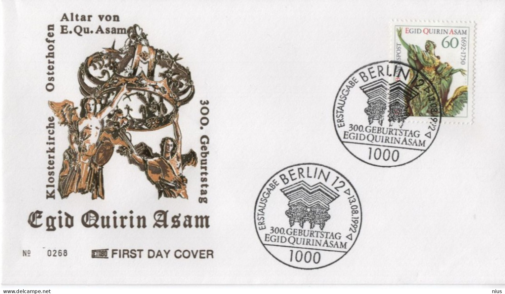 Germany Deutschland 1992 FDC Egid Quirin Asam, German Plasterer, Sculptor, Architect, Painter, Canceled In Berlin - 1991-2000