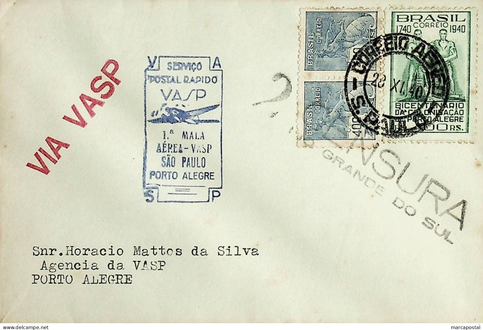 1940 Brasil / Brazil VASP 1.º Voo Postal / First Postal Flight São Paulo - Porto Alegre - Posta Aerea