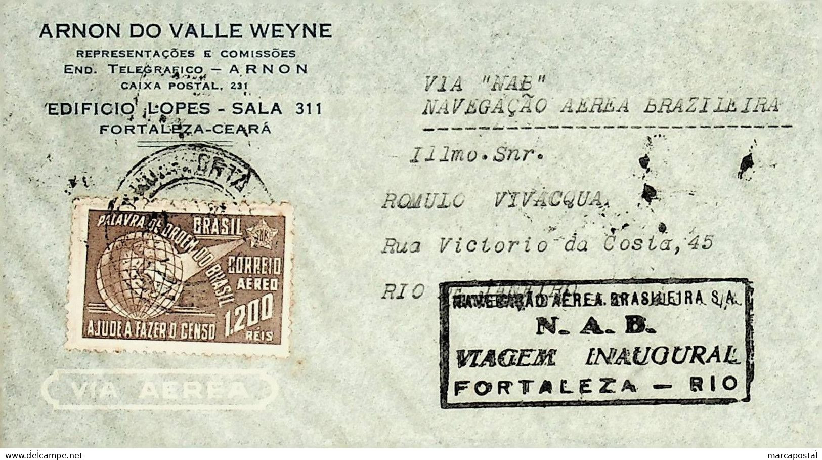 1941 Brasil / Brazil NAB 1.º Voo / First Flight Rio De Janeiro - Fortaleza (regresso / Return) - Poste Aérienne