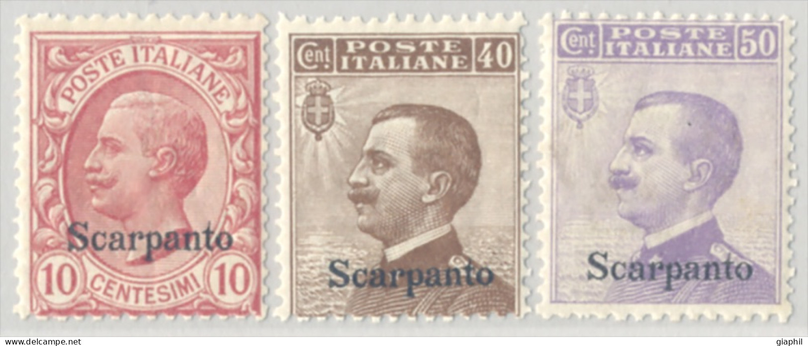 ITALIA ISOLE DELL'EGEO SCARPANTO 1912 10, 40, 50 C. (Sass. 3, 6, 7) NUOVI ** - Aegean (Scarpanto)