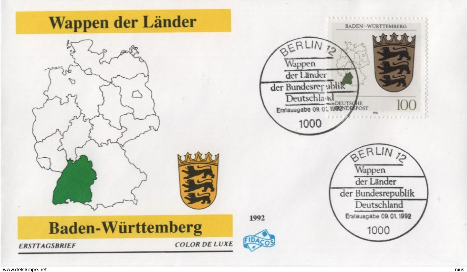 Germany Deutschland 1992 FDC Wappen Der Lander, Baden-Wurttemberg, Canceled In Berlin - 1991-2000