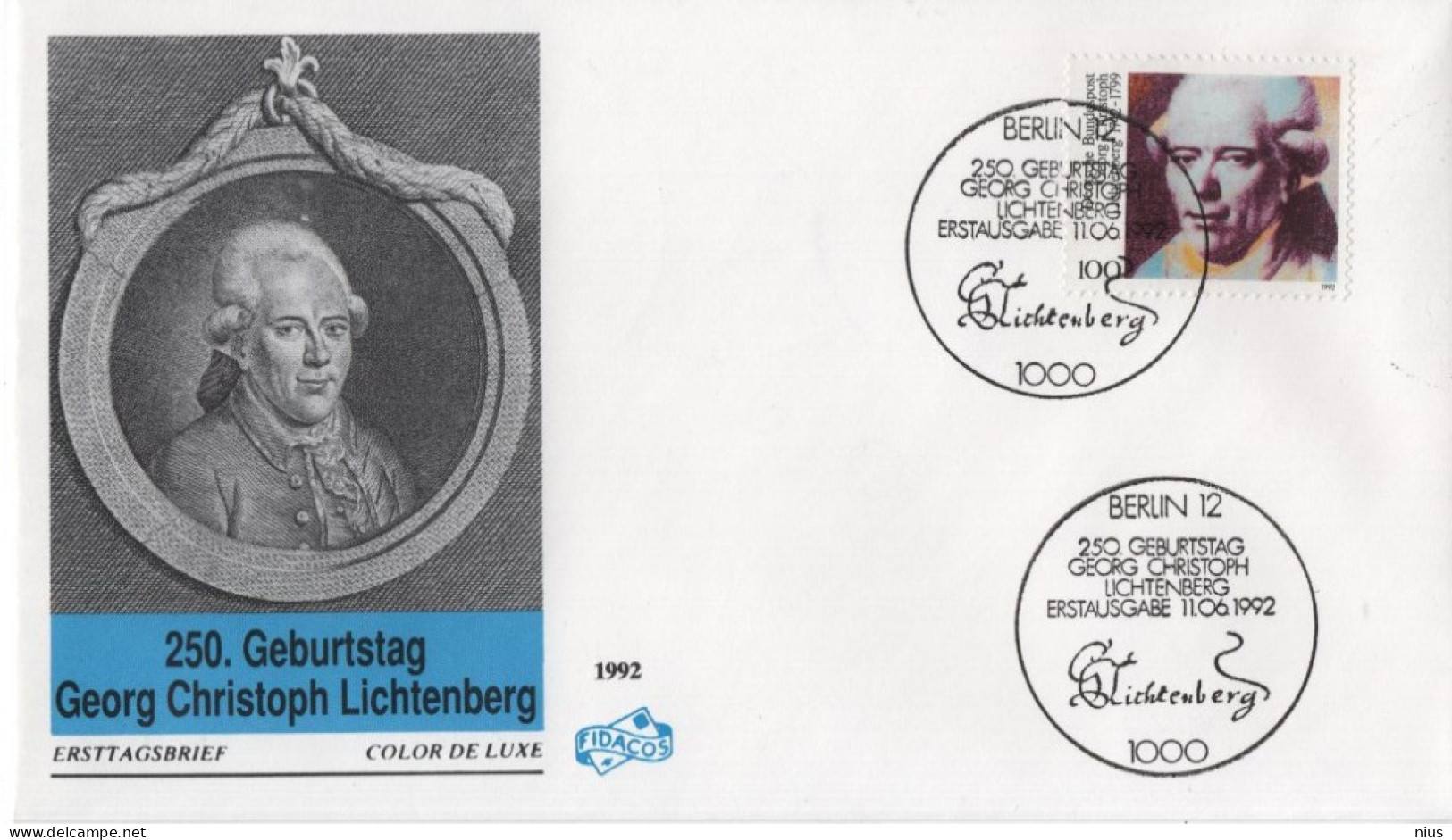 Germany Deutschland 1992 FDC Georg Christoph Lichtenberg, German Physicist, Satirist, Canceled In Berlin - 1991-2000