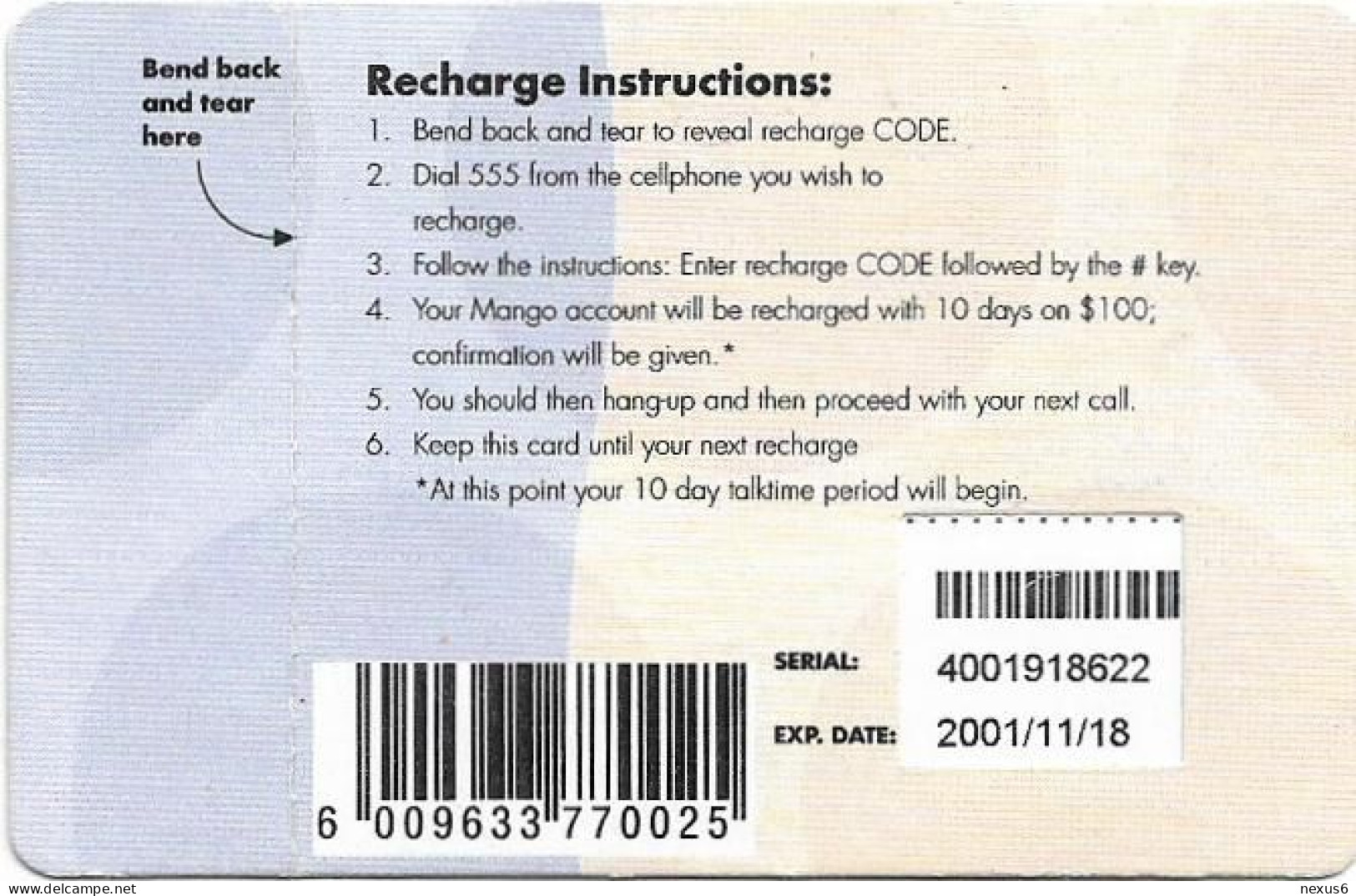 Zimbabwe - Telecel Mango - Mango Juice Card (Big Text), Exp.18.11.2001, GSM Refill 100$, Used - Simbabwe
