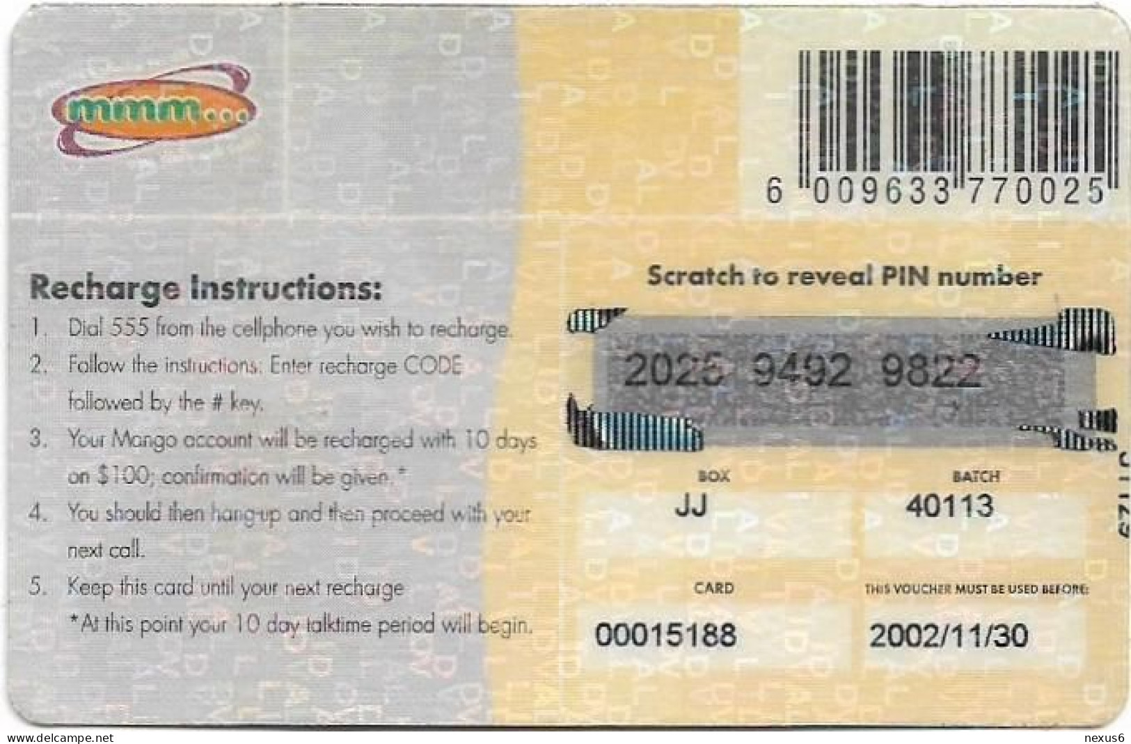 Zimbabwe - Telecel Mango - Mango Juice Card (Big Text), Exp.30.11.2002, GSM Refill 100$, Used - Simbabwe