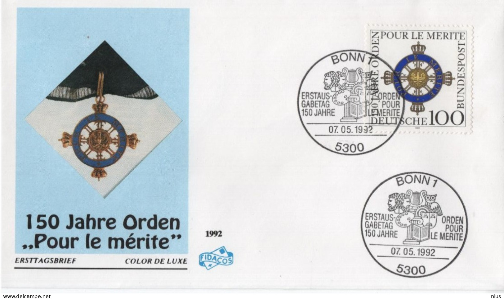 Germany Deutschland 1992 FDC 150 Jahre Orden Pour Le Merite, Medal For Merite, Canceled In Bonn - 1991-2000