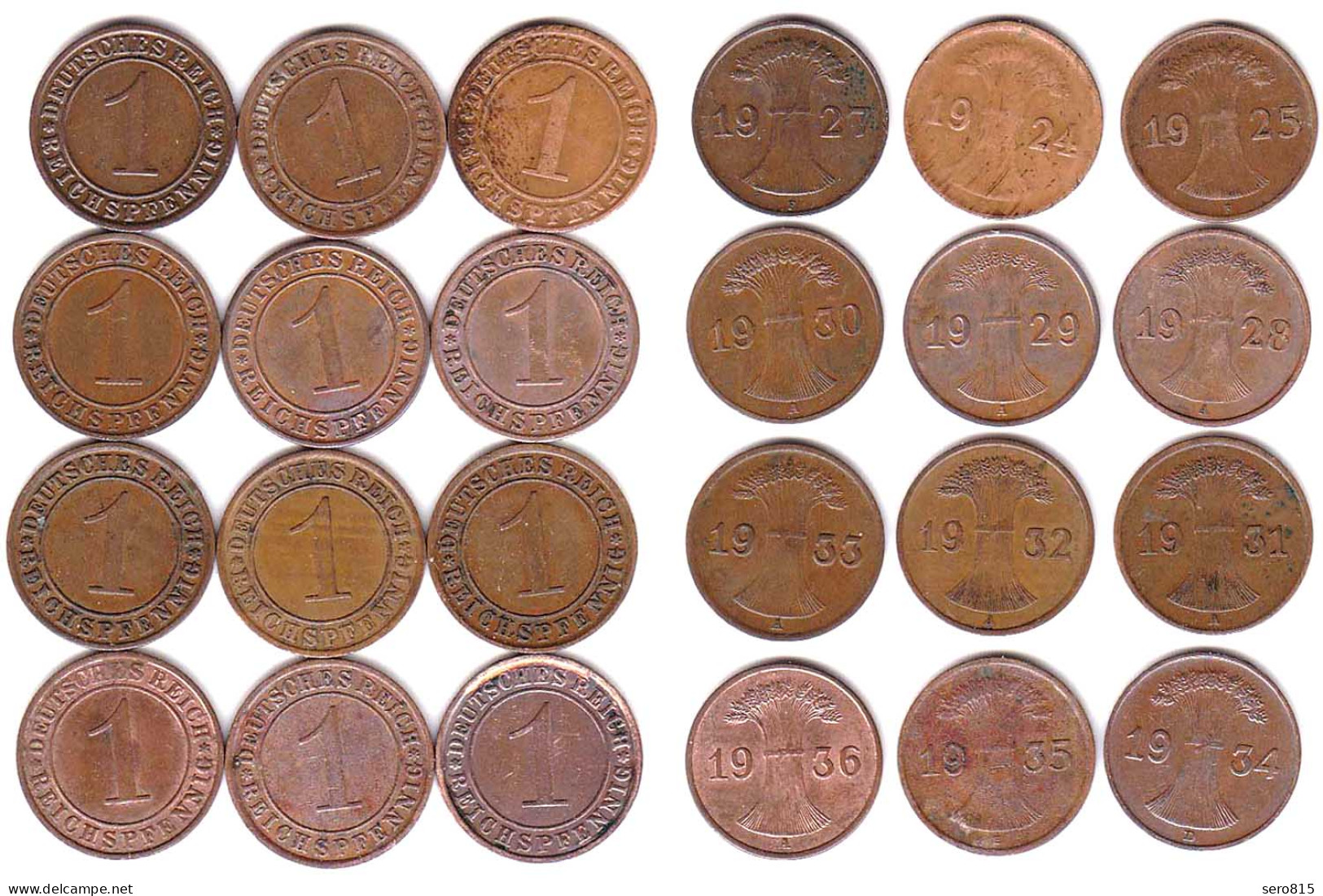 1 Reichspfennig 1924-1936 Weimar Alle 12 Jahrg. Jaeger 313   (b290 - 1 Rentenpfennig & 1 Reichspfennig
