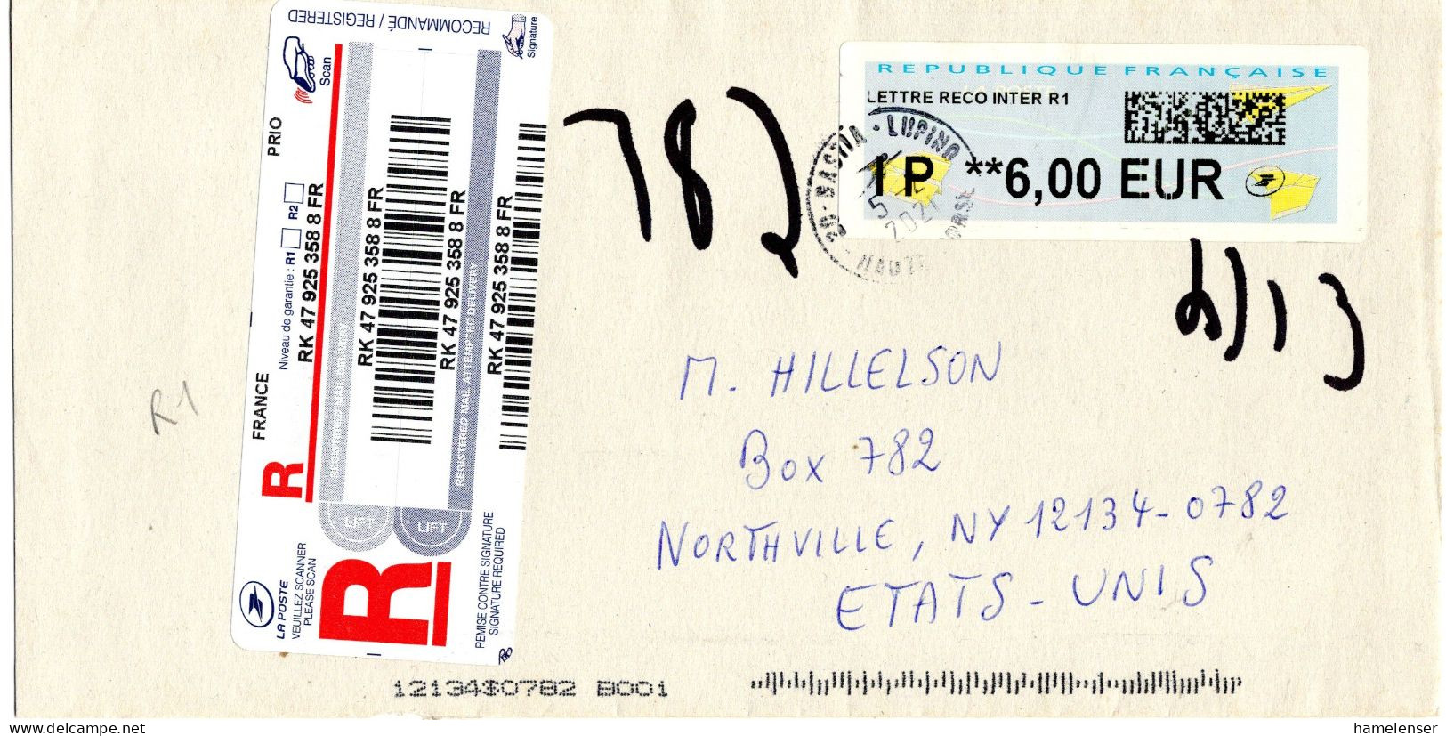 L74994 - Frankreich - 2021 - €6 ATM EF A R-Bf BASTIA -> Northville, NY (USA) - Storia Postale
