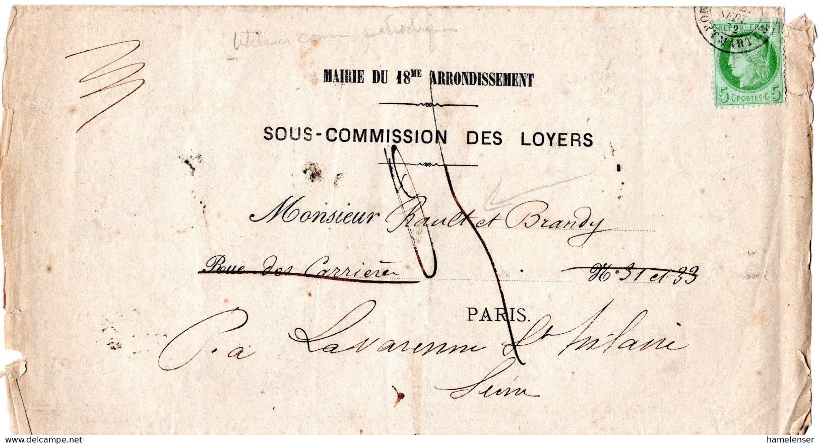 L74995 - Frankreich - 1872 - 5c Ceres EF A FaltBf PARIS -> LAVARENNE, Kl Randmgl - 1871-1875 Cérès