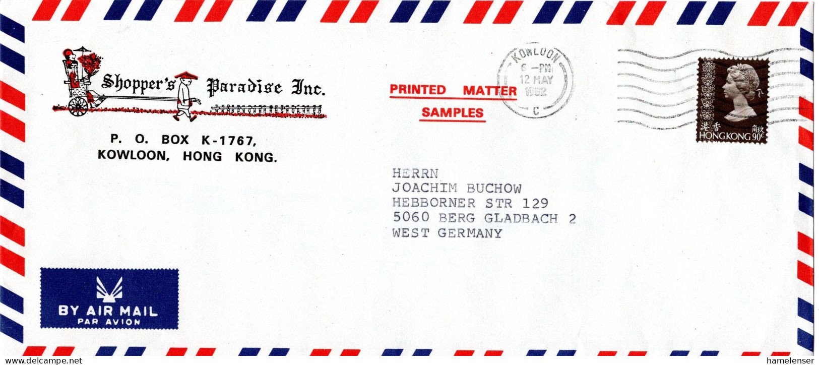 L75011 - Hong Kong - 1982 - 90c QEII EF A LpDrucksBf KOWLOON -> Westdeutschland - Lettres & Documents
