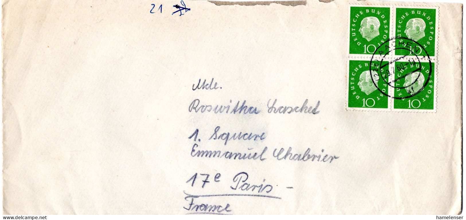 L75015 - Bund - 1960 - 10Pfg Heuss III (2 Waag Paare) A Bf AACHEN -> Frankreich - Brieven En Documenten