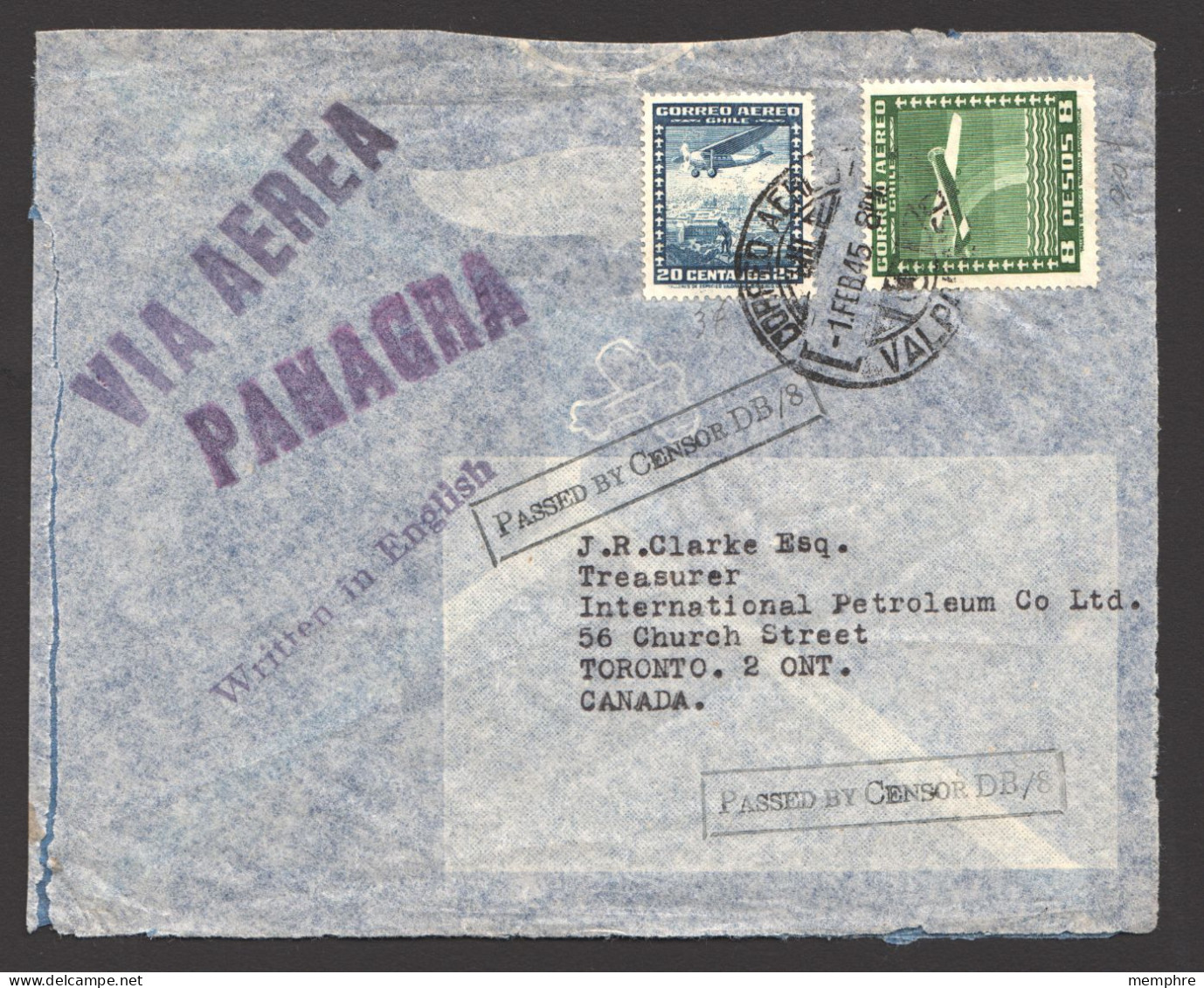 1945  Air Letter To Canada  Canadian Censor Markings - Cile