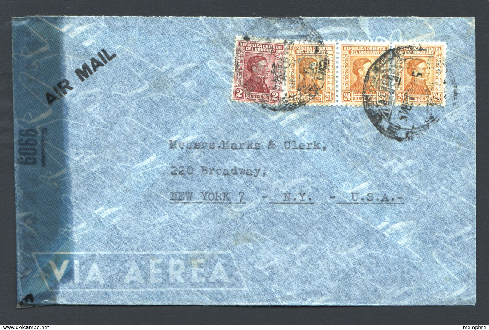 1945  Air  Letter To USA  - USA Censor Tape - Uruguay