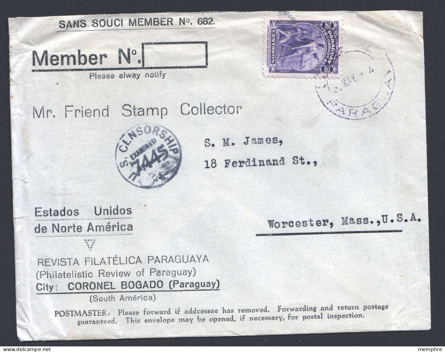 1944   Letter To USA  - USA Censor Mark - Paraguay