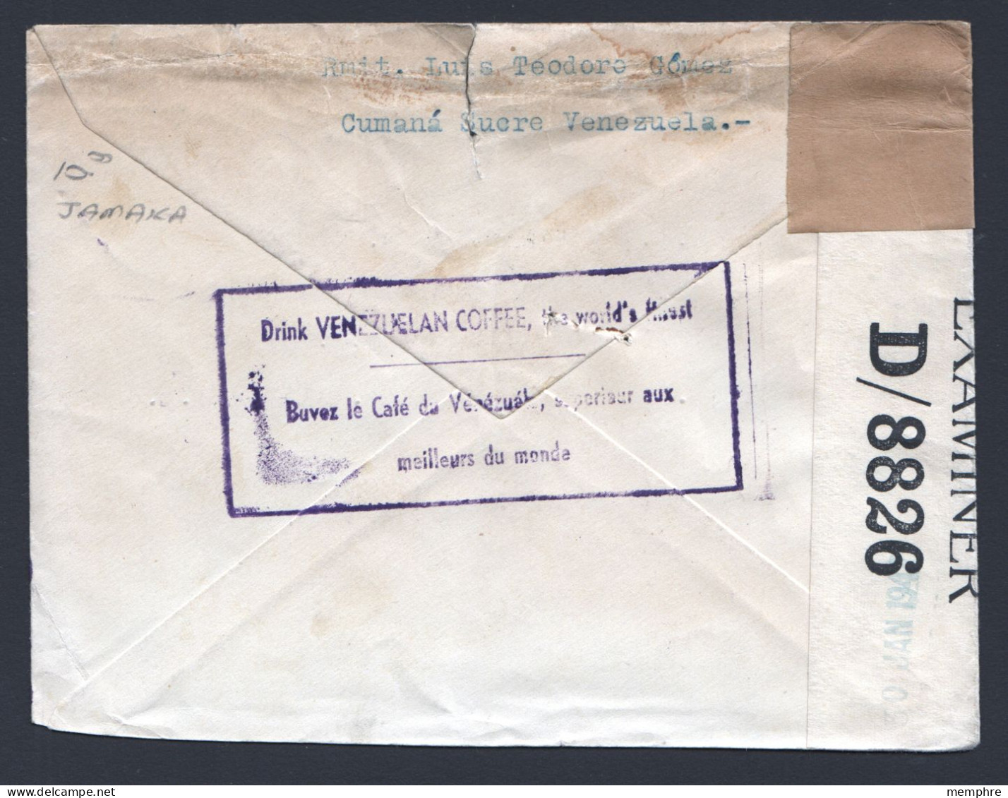 1943  Air Letter To USA  - British Censor Tape  In Jamaica - Venezuela