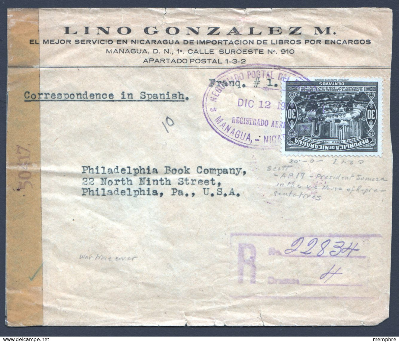 1944  Registered  Letter To USA  - USA  Censor Tape - Nicaragua
