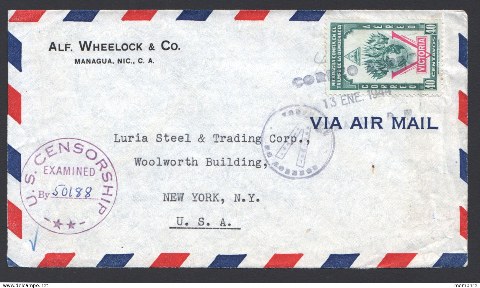 1944  Air  Letter To USA  - USA  Censor Mark - Nicaragua