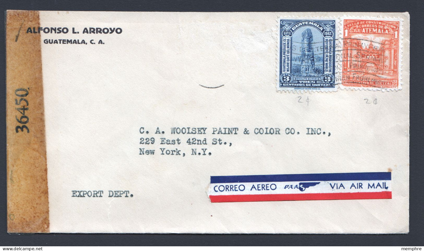 1943  Air  Letter To USA  - USA  Censor Tape - Guatemala