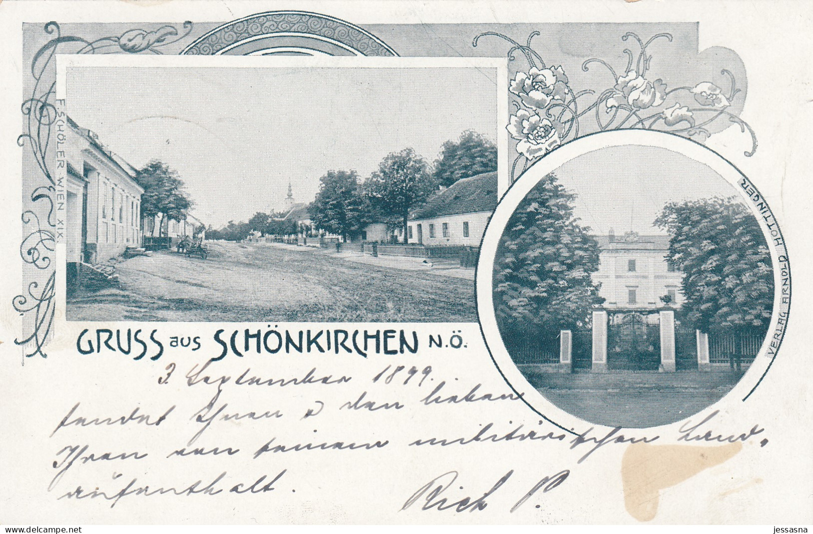 AK (NÖ) Jugendstil - Gruss Aus SCHÖNKIRCHEN - Reyersdorf - Dorfstrasse Im Ortskern Und Schloss 1899 - Gänserndorf