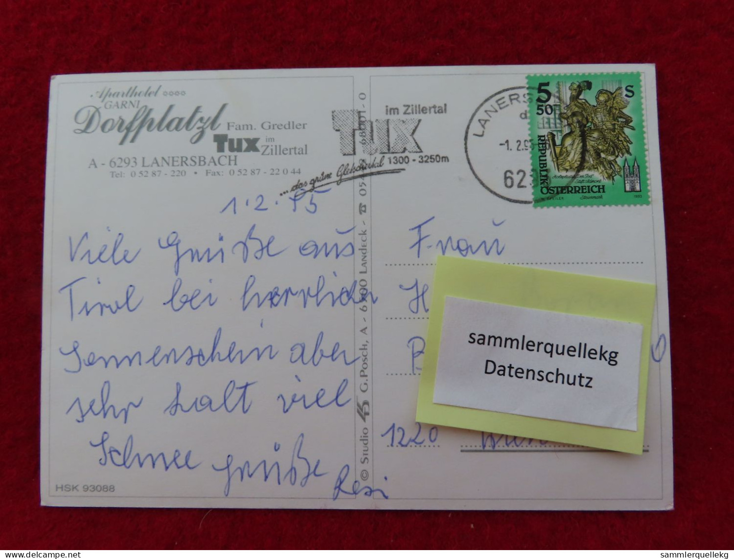 AK: Lanersbach, Alpenhotel Garni Dorfplatzl, Gelaufen 1. 2. 1995 (Nr. 4777) - Zillertal