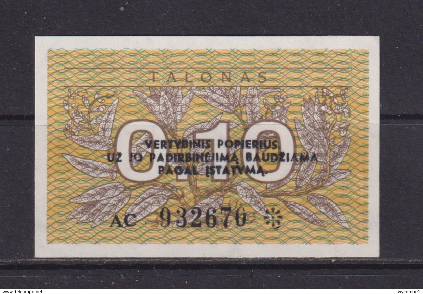 LITHUANIA - 1991 0.10 Talonas UNC Banknote - Lituania